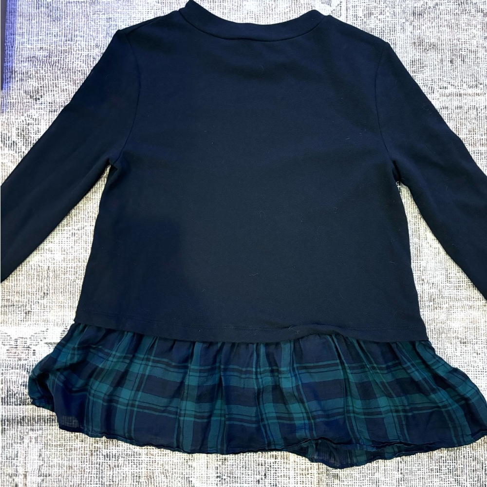 LOFT Black Long Sleeve Top with Plaid Hem